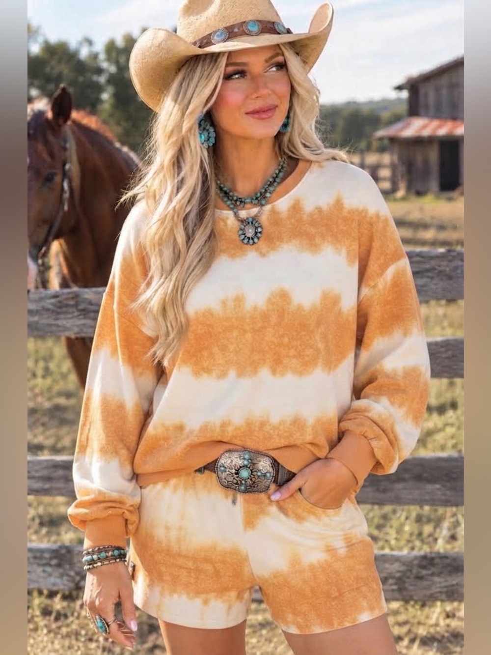$55 Zenana Golden Mustard Tie-Dye Drop Shoulder Top &Dolphin Shorts Gold XL NWOT